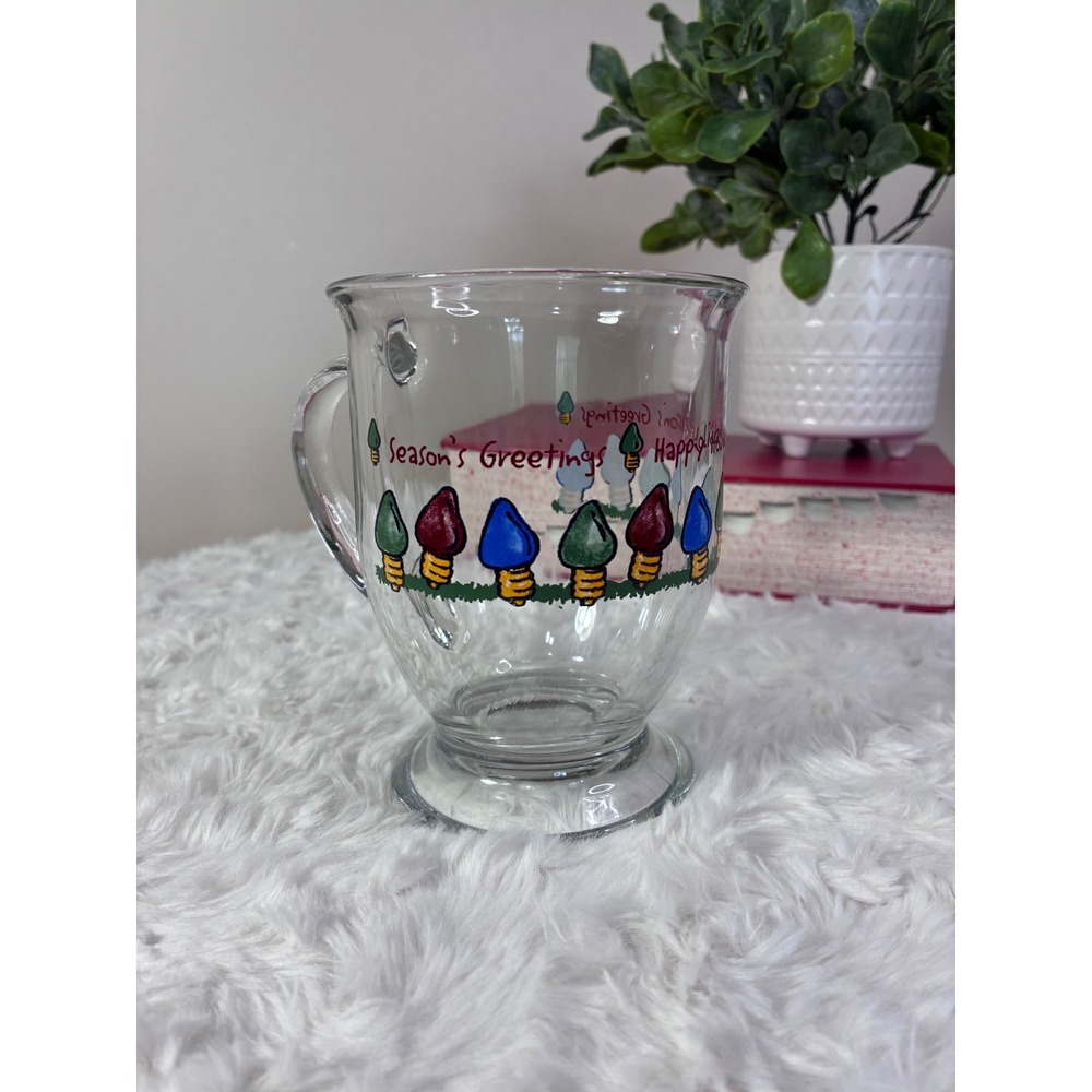 Anchor Hocking Christmas Lights Glass Mug Seasons Greetings Happy Holidays Mug